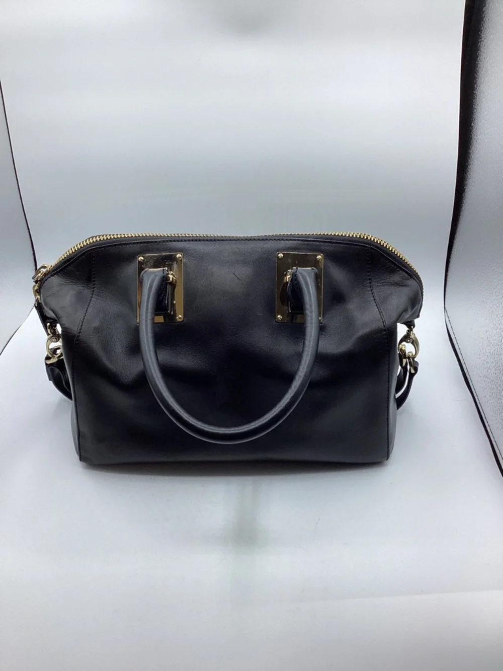 henri bendel Black Leather Satchel with Gold Hardware